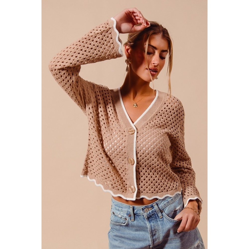 SO‎ ME Open Knit Light Weight Sweater Cardigan With Contrast Wavy Scallop Edge L - Picture 10 of 10